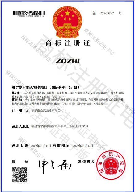 中国 Fuan Zhongzhi Pump Co., Ltd. 認証